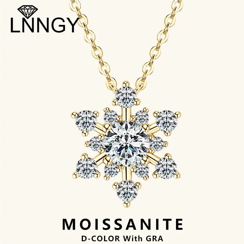 Lnngy Bling 6.5mm&3mm&2mm Moissanite Necklace 925 Sterling Silver Snowflake Pendant Necklaces for Women Christmas Jewelry Gift