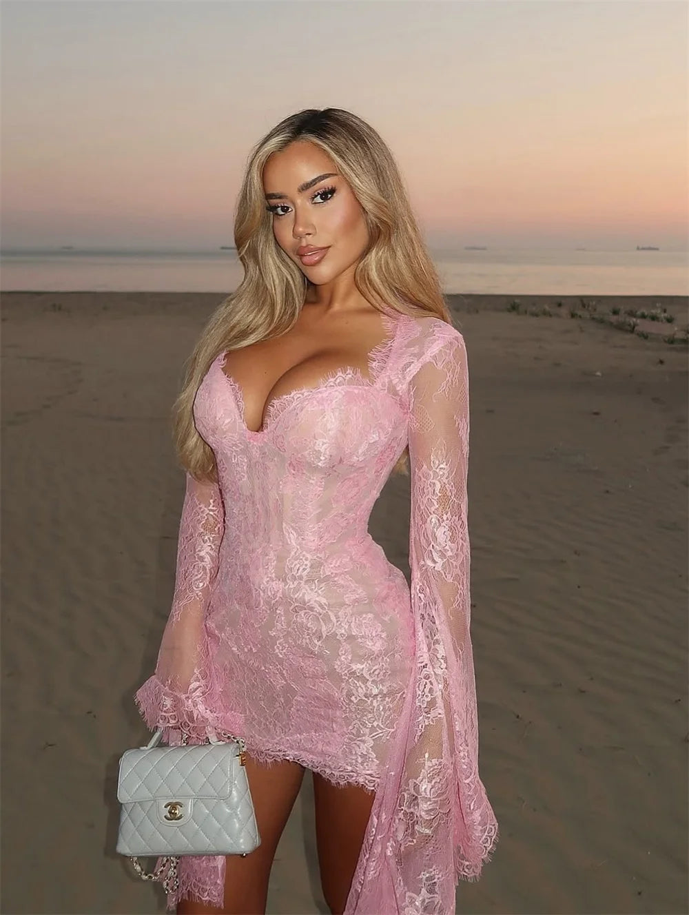 Mila Pink V-Neck Prom Dress Long Sleeves Flower Lace Customized Luxurious Women Evening Dresses Sexy Mini vestidos de fiesta