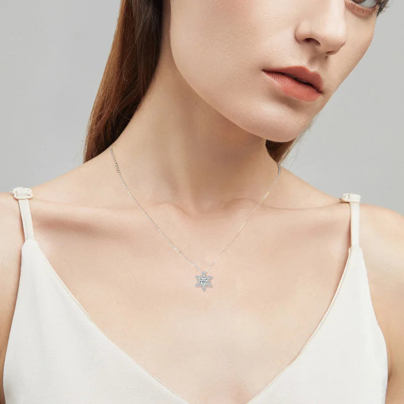 Lnngy Bling 6.5mm&3mm&2mm Moissanite Necklace 925 Sterling Silver Snowflake Pendant Necklaces for Women Christmas Jewelry Gift