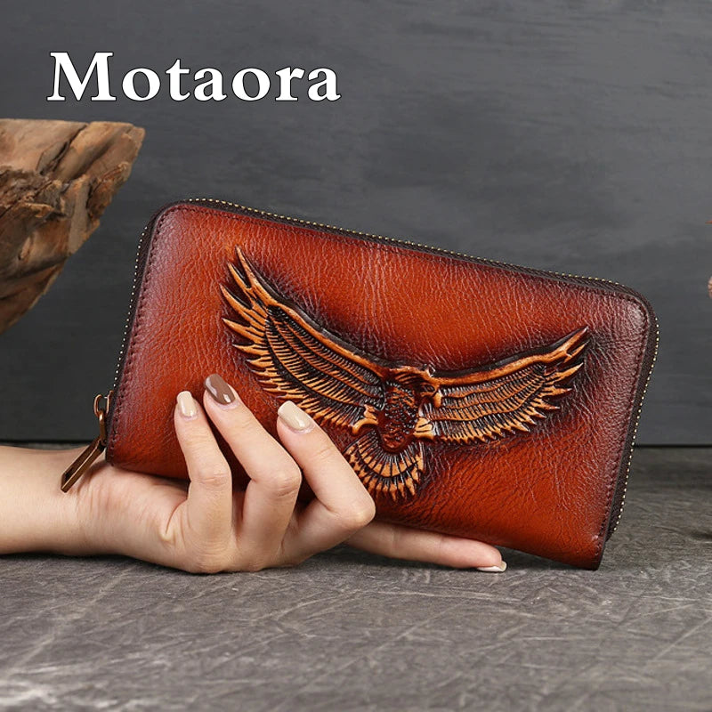 MOTAORA Genuine Leather Wallet for Men & Women Large Capacity Embossed Bifold Coin Purse with Zipper RFID Card Holder Zip Bag