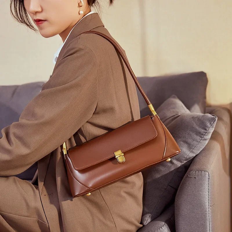 Women Genuine Leather Shoulder Bag – Soft Cowhide Baguette in Black, White, or Coffee