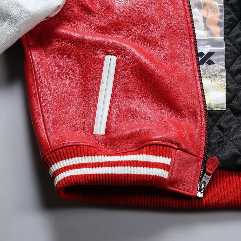 Men's Real Leather Jacket with Embroidery thicken first layer cowhide leather Leather Winter Classic Warm Baseball outfits Coat