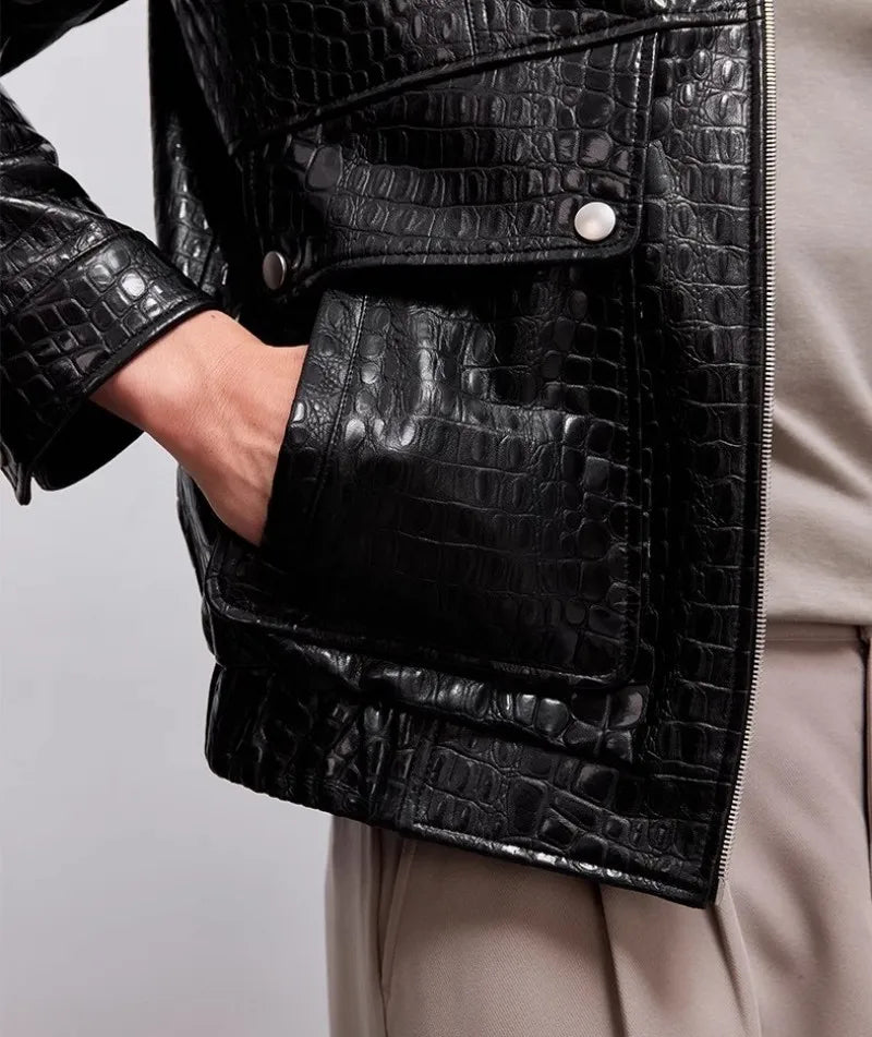 Designer Mens Genuine Leather Jacket Zipper Lapel High Quality Sheepskin Motorcycle Short Coat Spring Autumn Punk Outerwear Male