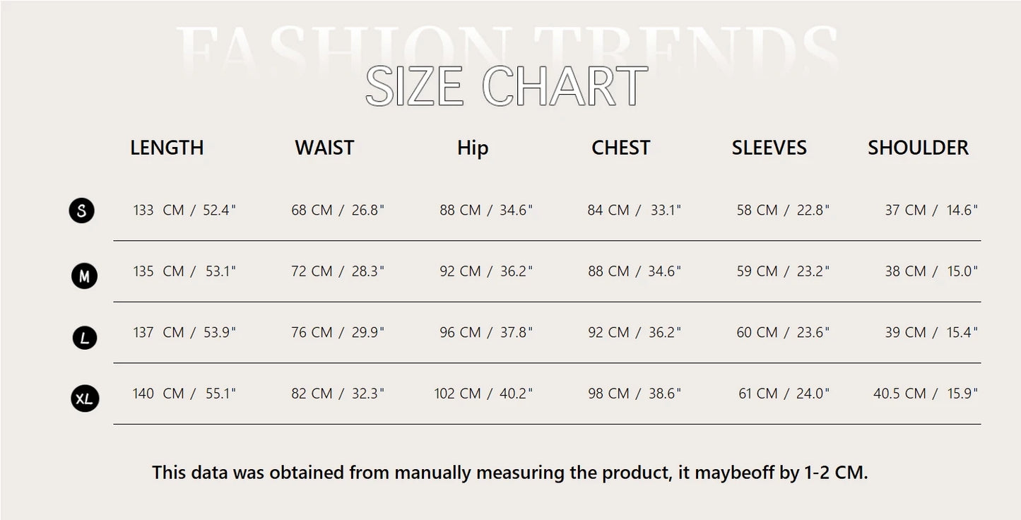 Size chart for a fashion item with measurements in centimeters and inches.