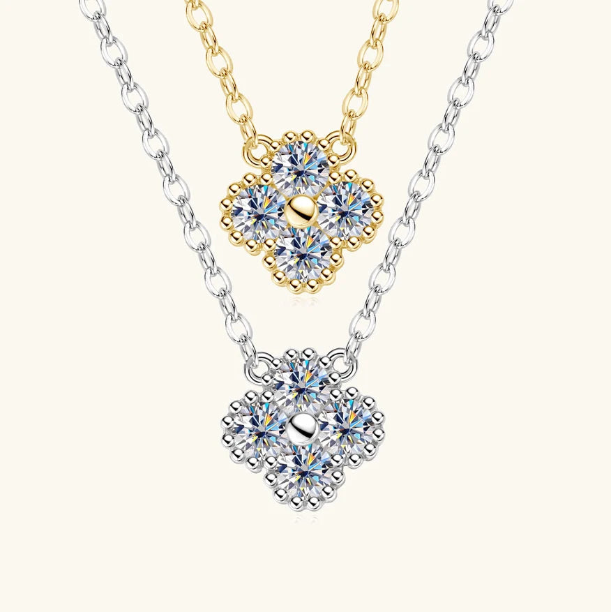 Lnngy 925 Certified Silver Chains Four Leaf Flower Pendant Necklaces 3mm 0.1ct Moissanite Necklace Stud Earring Jewelry Set