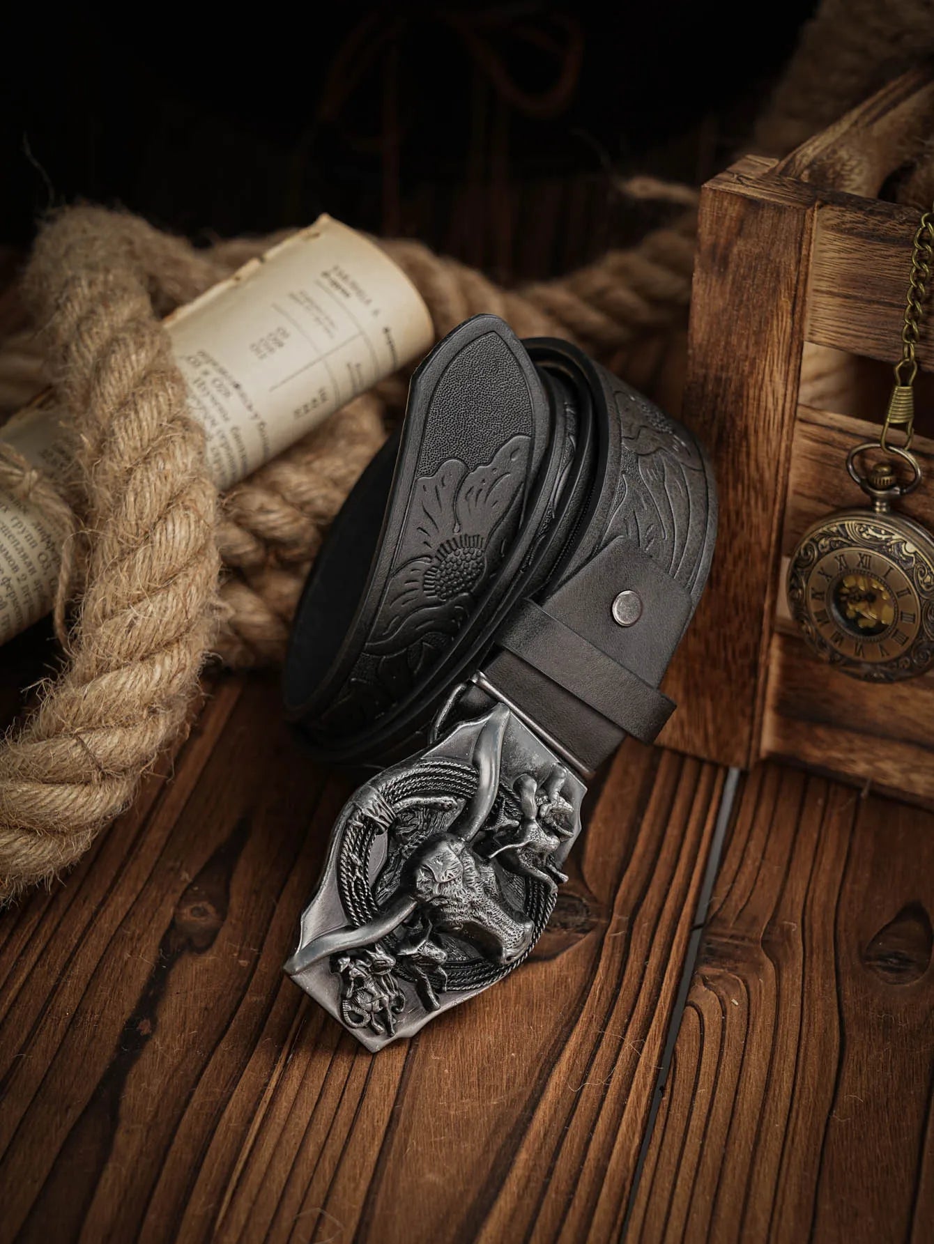 Western Cowboy PU Leather Belt - Men Waist Strap Bull Decoration Floral Engraved for Jeans
