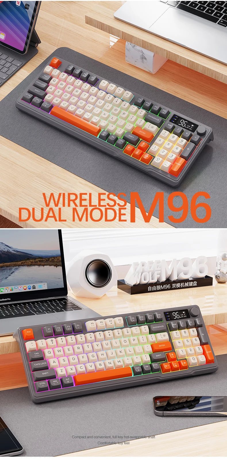 M96 Screen Wireless Keyboard Mouse Kit ZIYOULANG Bluetooth Keyboard With Mouse Gaming,Electronic Screen, Multi-Device Connection