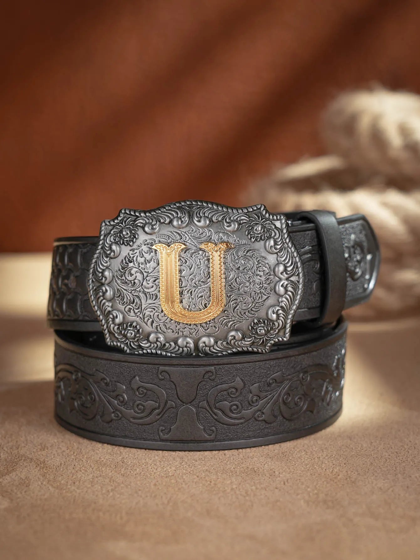 Western Cowboy PU Leather Belt - Men Waist Strap Bull Decoration Floral Engraved for Jeans