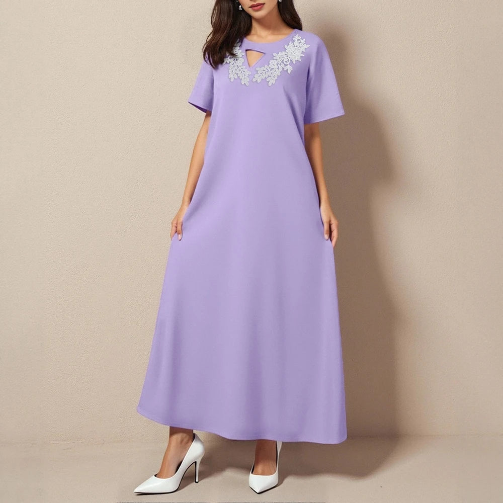 Rafiah Women's Summer Arabian Dress Loose Fit Comfortable Appliques Short Sleeve Crew Neck Midi Casual Arabian Dress