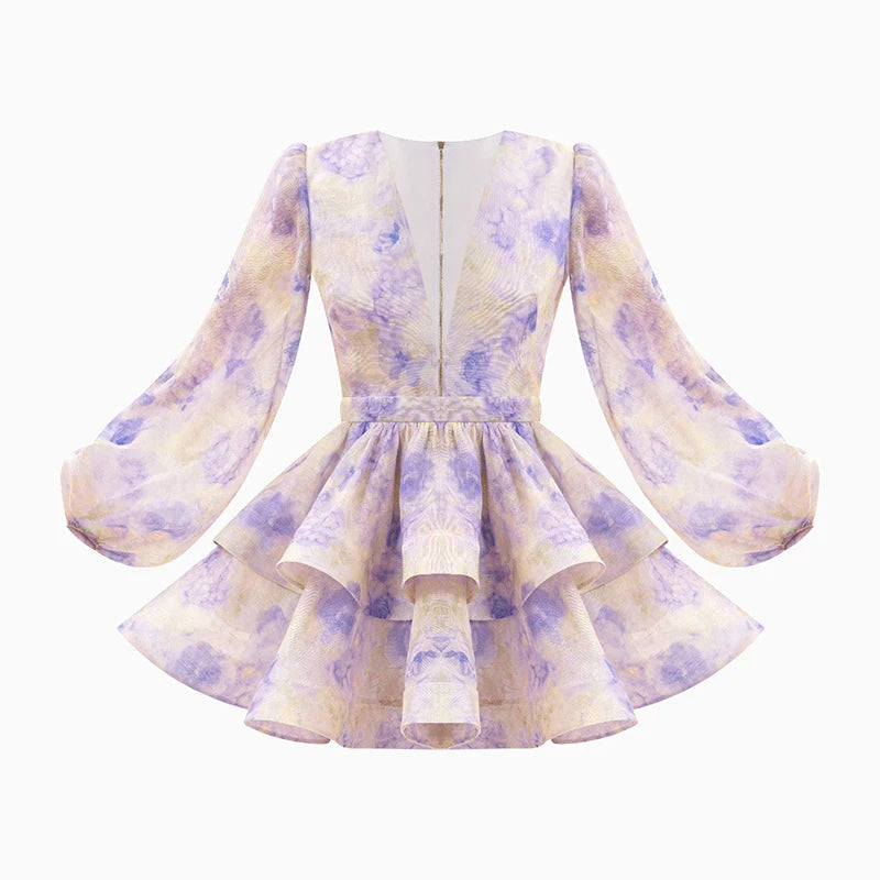 Floral Ruffled Hem Mini Dress – Women’s Deep V-Neck Lantern Sleeve Elegant Party Outfit