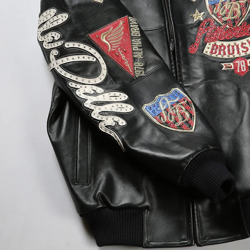 US size men's Hip Hop Sheep skin Varsity Jacket Embroidered Diamond Classic Casual Sport genuine leather Coat tops