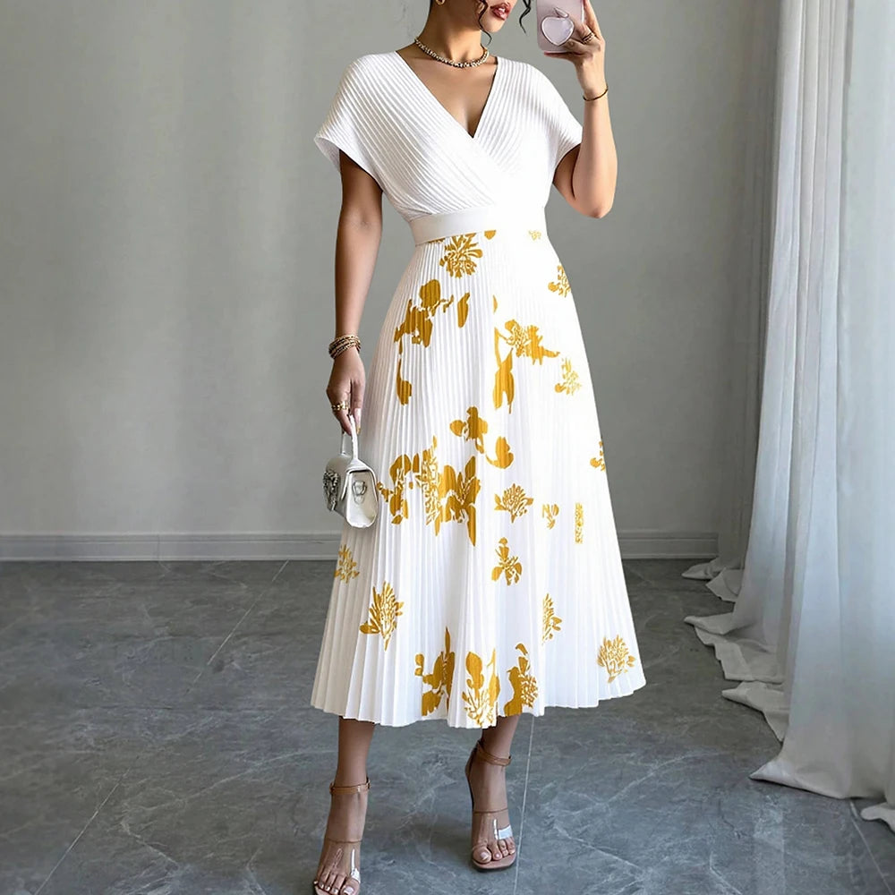 Rafiah Summer Dress 2025 Golden Print Women's Elegant Short Sleeve V-Neck A-Line Midi Dating Arabian Dress
