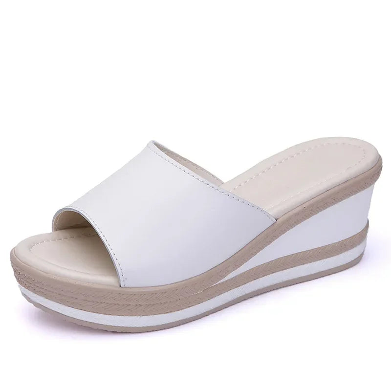 Women’s Split Leather Wedge Platform Slippers – Summer Slides