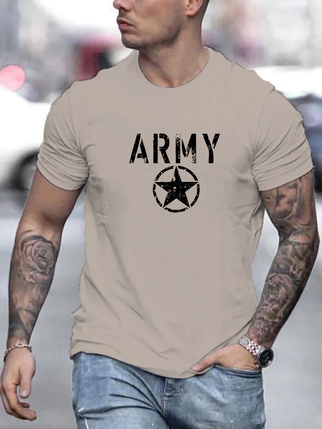 Men's summer 100 cotton fashionable casual loose sports ARMY and five pointed star printed round neck short sleeved T-shirt top