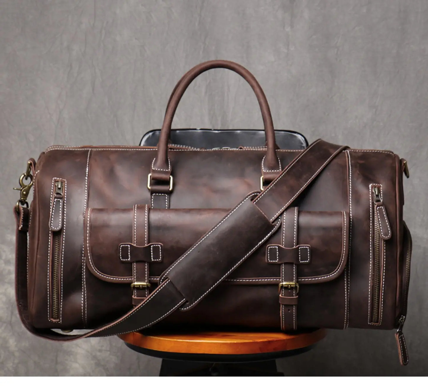 MUNUKI Vintage Crazy Horse Genuine Leather Travel bag Large Luggage bag men Leather duffle bag Large Weekend Bag Tote Big