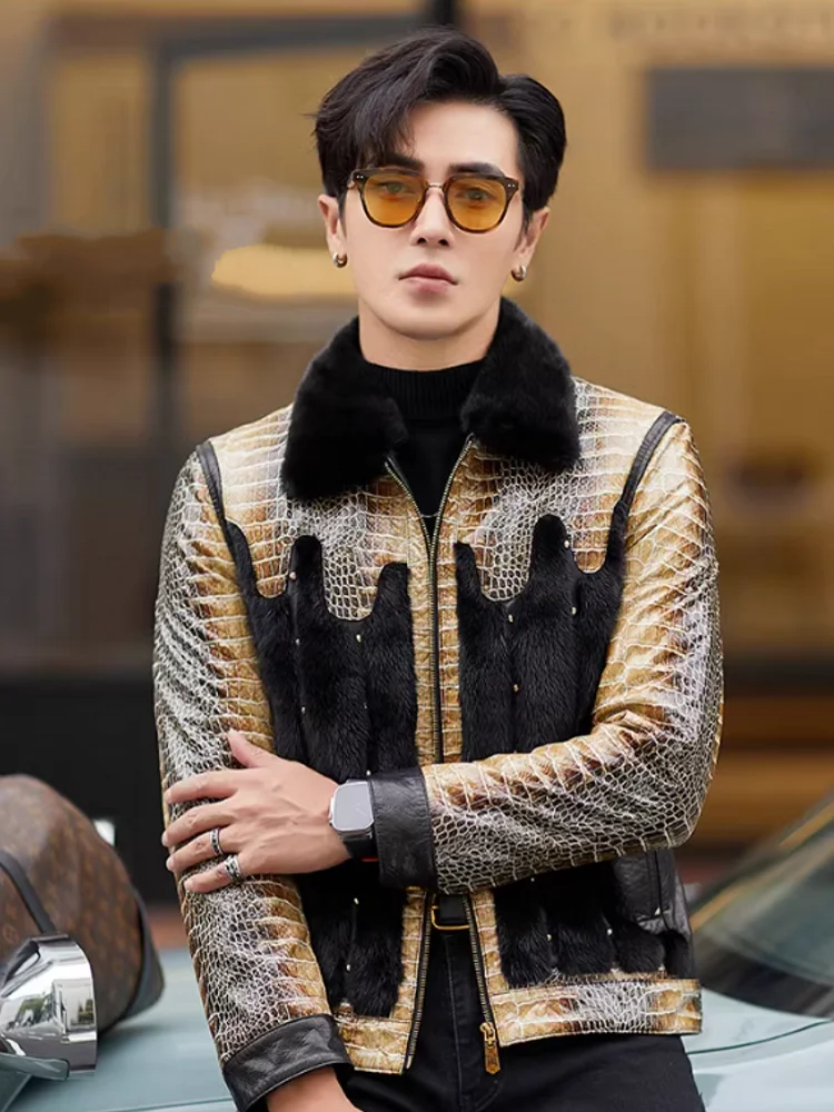Men’s Party Mink Fur Sheepskin Leather Jacket – Slim Fit Patchwork Winter Coat