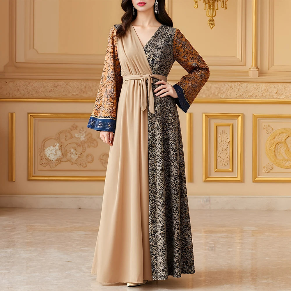 Rafiah Summer Long Dress 2025 Arabian Dress Sophisticated Graphic Printing Long Sleeve V-Neck Maxi Evening Dresses For Women
