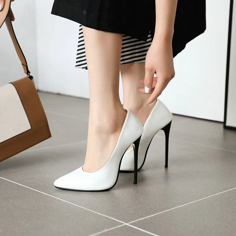 Women’s Pumps Classic Sexy Thin High Heels 12cm Patent Leather Stiletto Pointed Toe Party Elegant Office Shoes Big Size 34-48