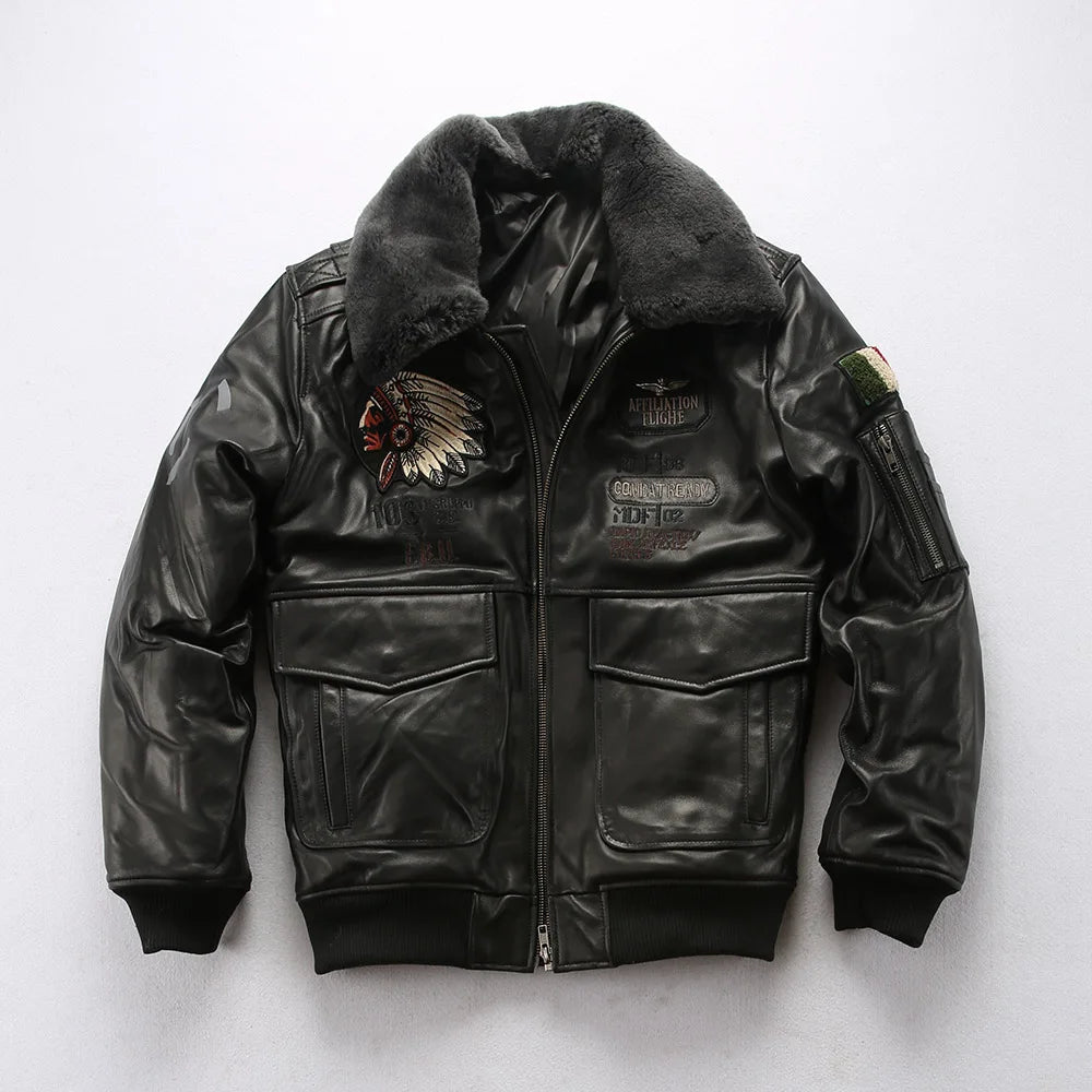 Sheepskin G1 Pilot Clothing Leather Jacket Wool Collar Indian Portrait Embroidery men's Genuine Leather coat Casual Fashion top