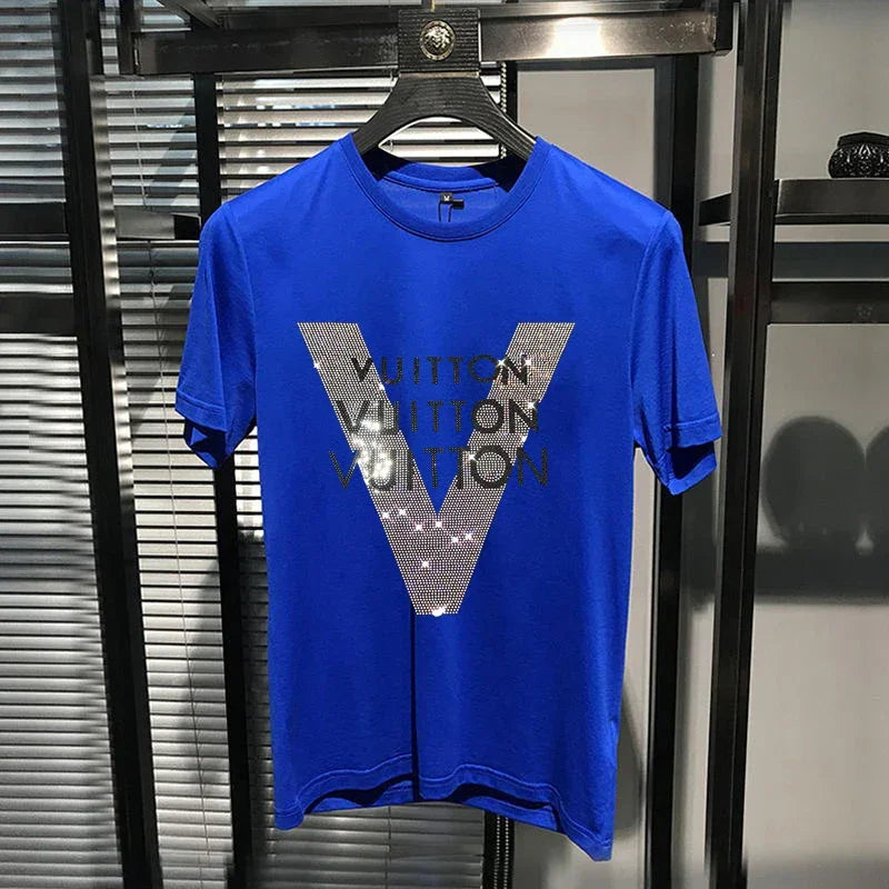2025 Men's V-Pattern Rhinestone T-Shirt – Short Sleeve Mercerized Cotton Top