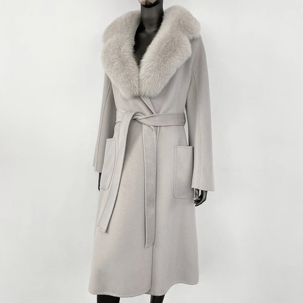 GENHUA 2025 New Casual Fur Coat for Ladies Winter Wool Long Fur Ladies Natural Real Fox Fur Collar Jacket for Ladies Warm Coat