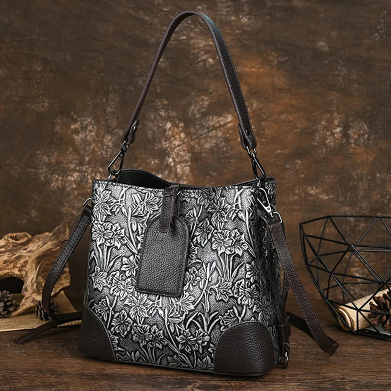 MOTAORA Retro Embossed Genuine Leather Women Shoulder Bucket Bag Luxury Cowhide Handbag Female New Large Capacity Crossbody Bags