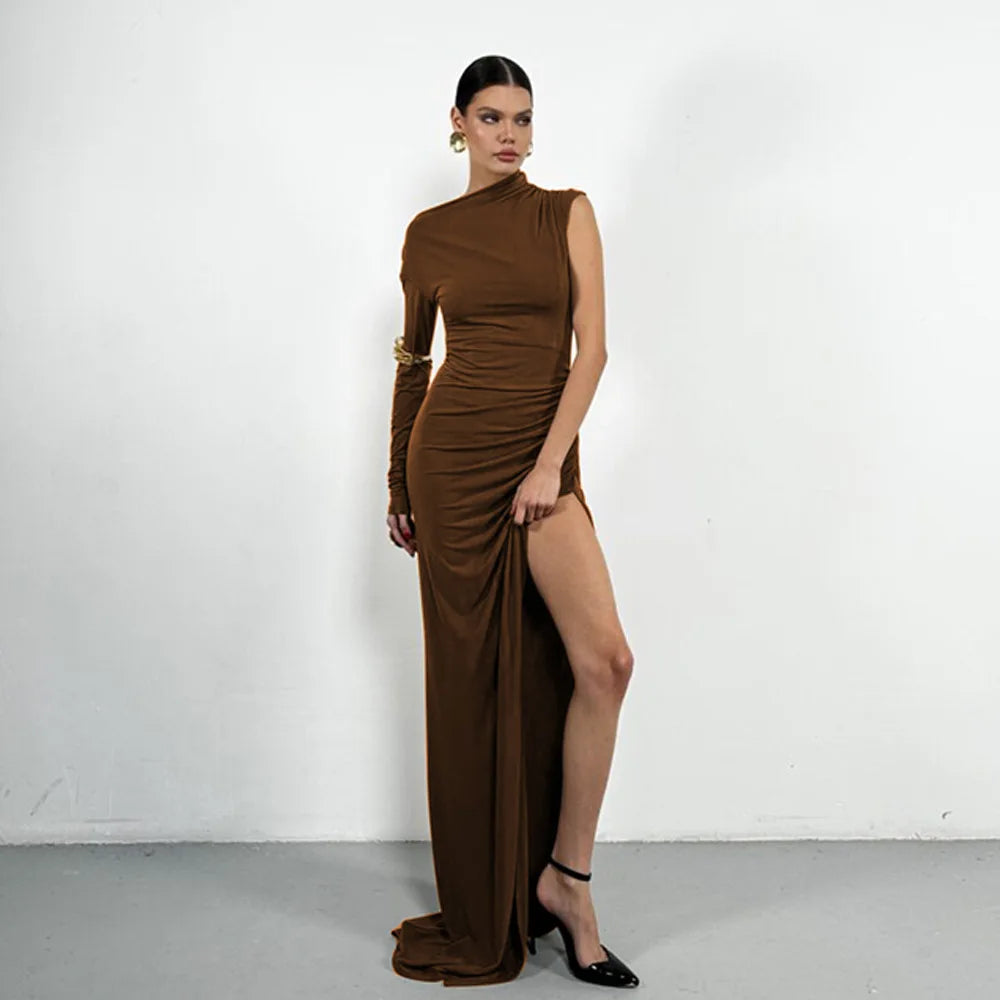 Articat Elegant Single Sleeve High Elasticity Tight Fold Dress Women New 2025 Winter Party Club Evening Dress Bodycon Vestdos