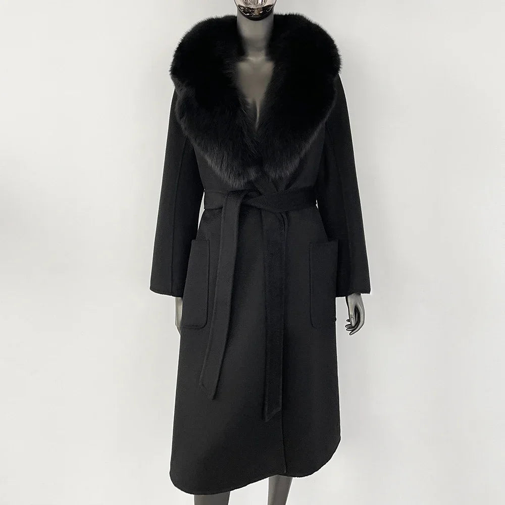 GENHUA 2025 New Casual Fur Coat for Ladies Winter Wool Long Fur Ladies Natural Real Fox Fur Collar Jacket for Ladies Warm Coat