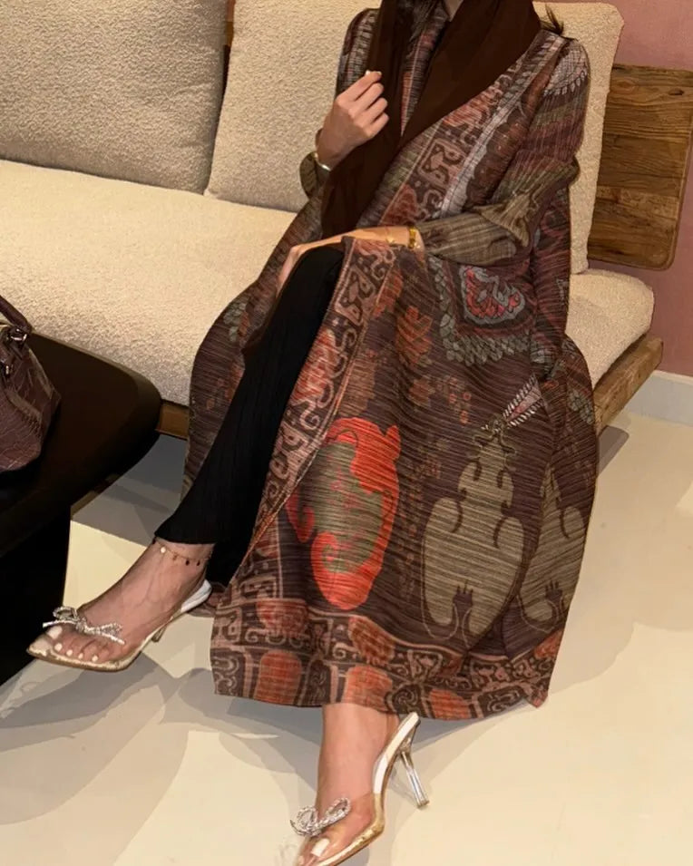 KAF Women Abaya 2025 New Retro Printing Cardigan Lace-up Design Loose Large Size Fashion Female ABaya Festival Dress