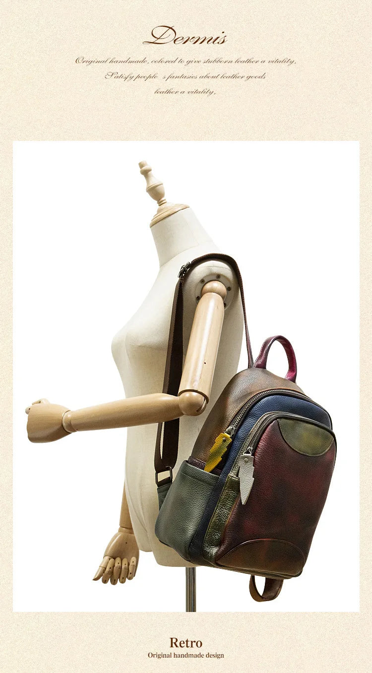 MOTAORA 2025 Soft Cowhide Leather Backpack Large Capacity Two-Tone Spliced Hand Painted College Student Travel Hiking Casual Bag