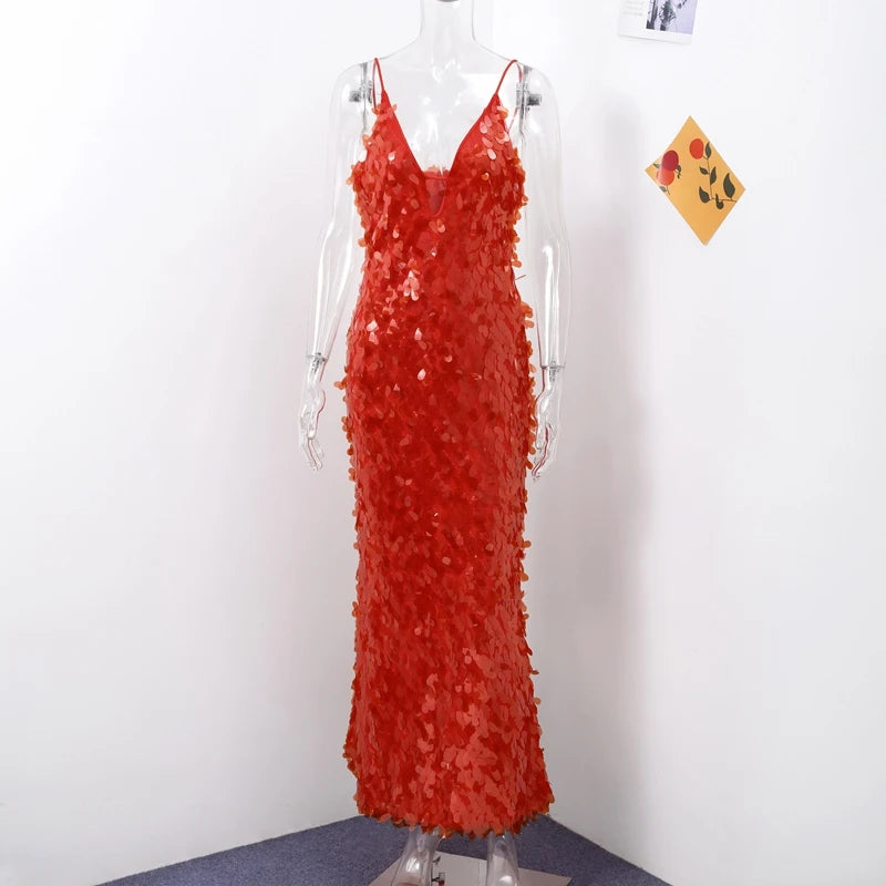 Glitter Sequins Spaghetti Strap Evening Gown – Women’s Sleeveless Backless Floor-Length Party Dress