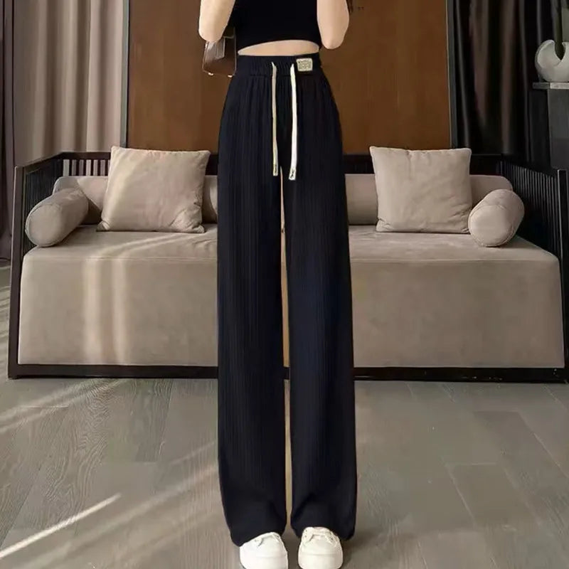 High Quali Ice Silk Wide Leg Pants Women's Straight Leg Casual Trousers Summer New Sle Trendy High Waist Nine Points