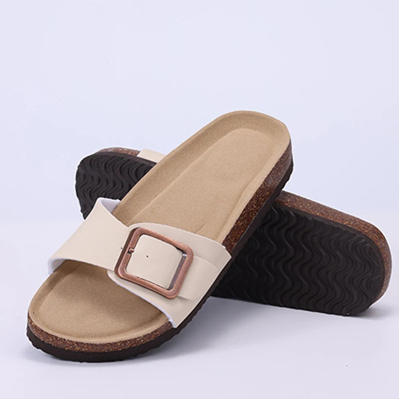 Crestar Women's Summer Cork Slippers 2025 New Outdoor Beach Flip Flops Fashion Leather Orthopedic Sandals With Adjustable Buckle