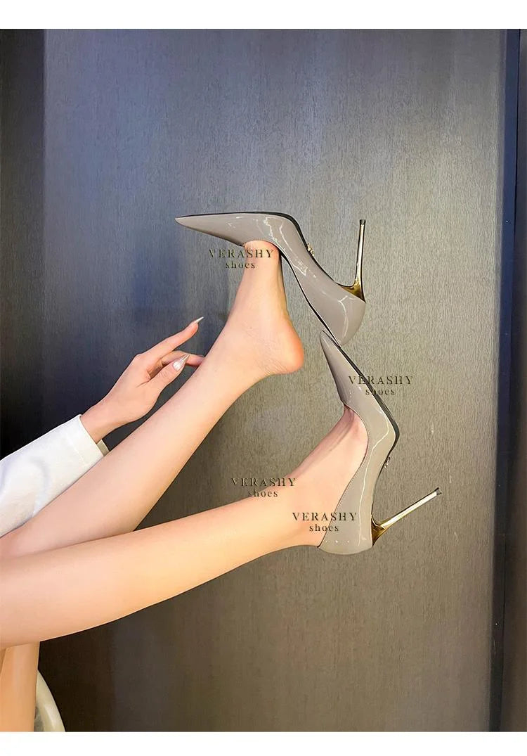 Green Shoes Quality Woman Pumps Patent Leather High Heels Sexy Party Shoes Metal Stilettos Luxury Wine red High-heeled Shoes