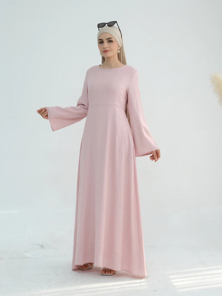 2025 Linen Pink Abaya Eid Ramadan Modest Maxi Dress Solid Color Robe Arabe Elegant Women Muslim Dresses Caftan Marocain Femme