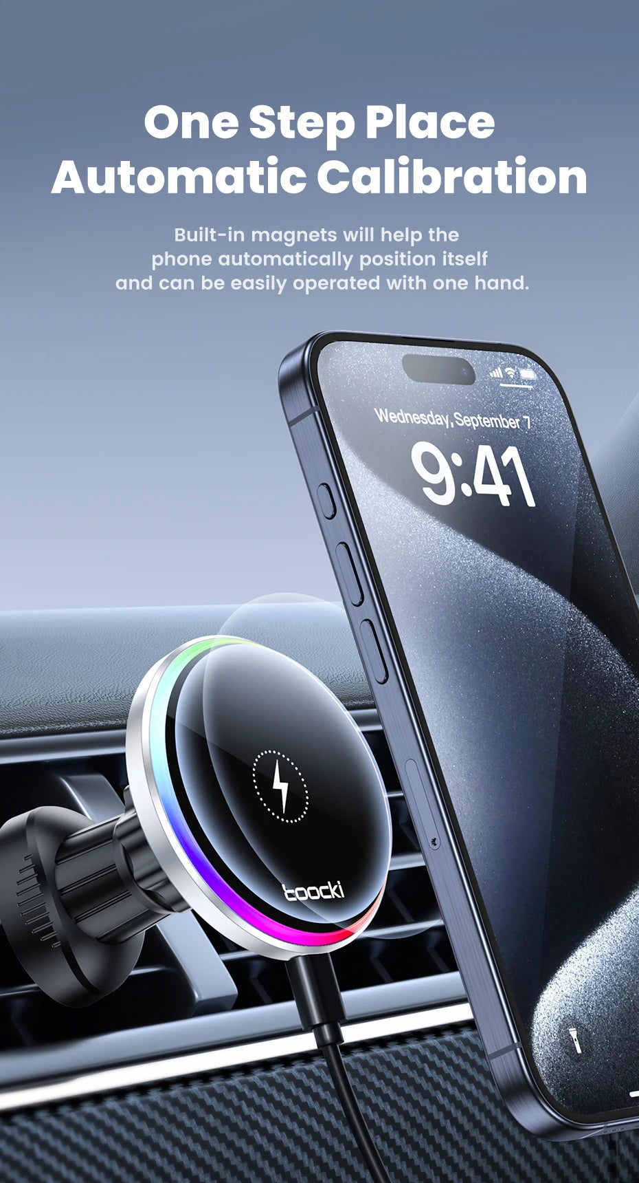 Toocki RGB Magnetic Car Phone Holder 15W Wireless Charger Car For iPhone 15 14 13 Pro Max Samsung Phone Car Charger Holder Stand