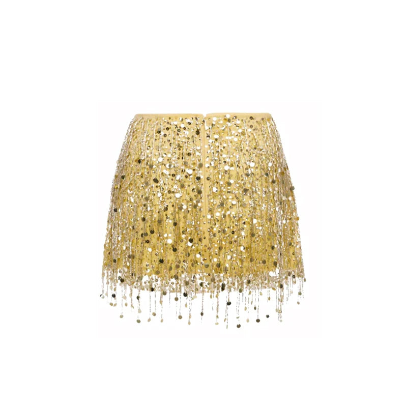 Sexy Sequin Tassel Mini Skirt Women Lace Up Bead Flower High Waist Holiday Skirts 2025 Summer Beach Green Print Robe Lady