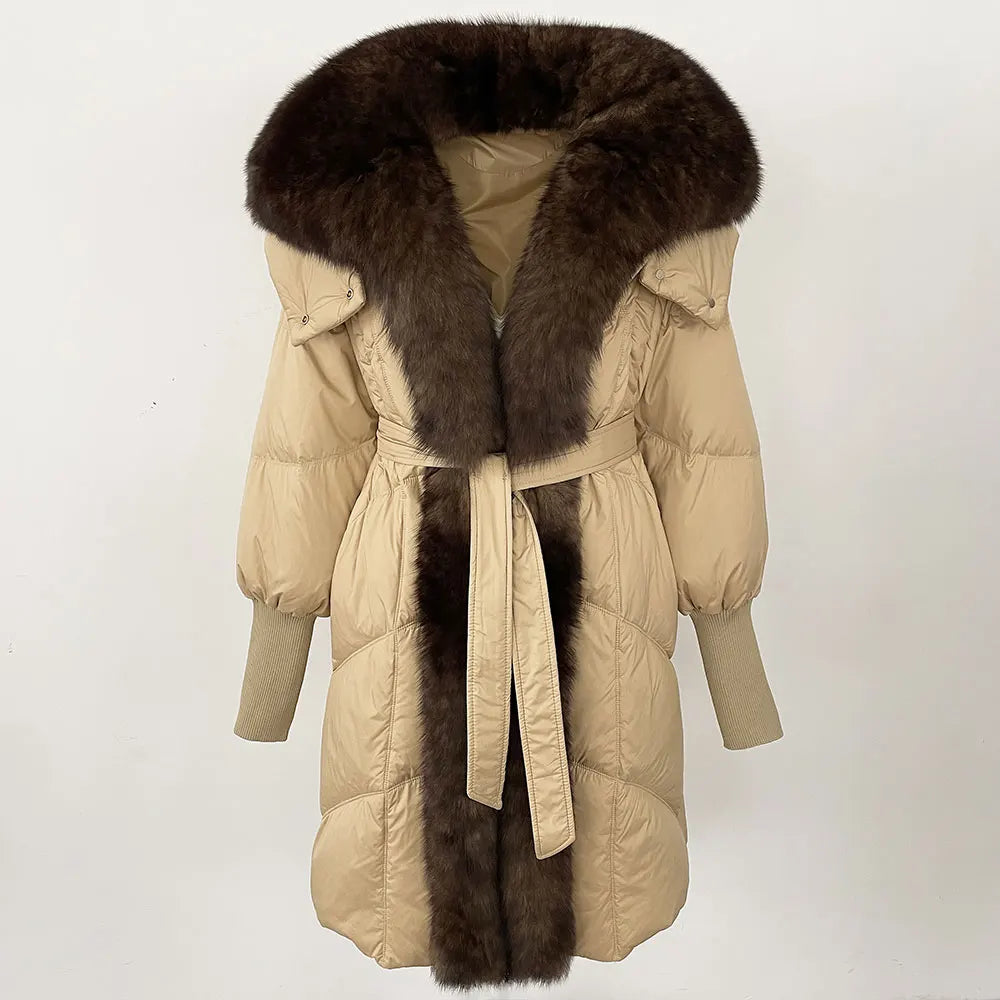2025 Autumn Winter Women Coat Real Natural Fox Fur Long Down Jacket Thick Warm Casual Hooded White Duck Down Elegant Overwears