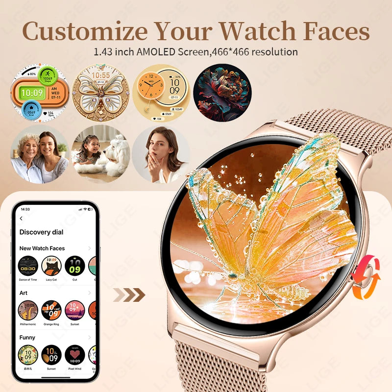 LIGE New 1.43" Bluetooth Call Smartwatch Women Men 466*466 AMOLED Full touch Screen Women Smartwatches Ladies For Android ios