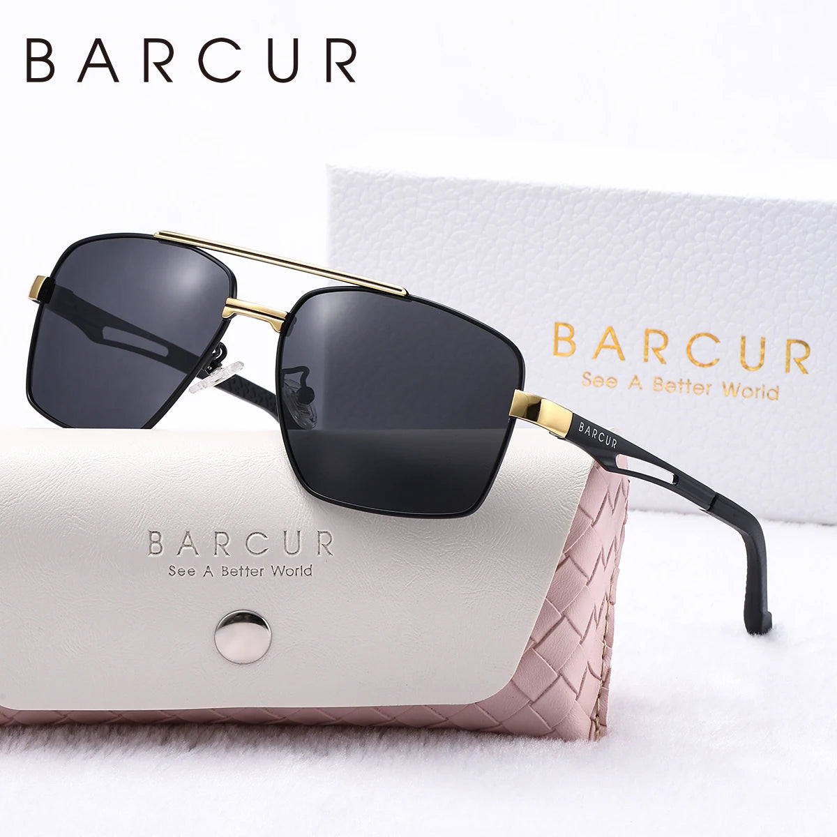 BARCUR Luxury Brand Square Men Polarized Sunglasses Stainless Steel Frame Metal Spring Feet Comfort Outdoor Activities Glasses