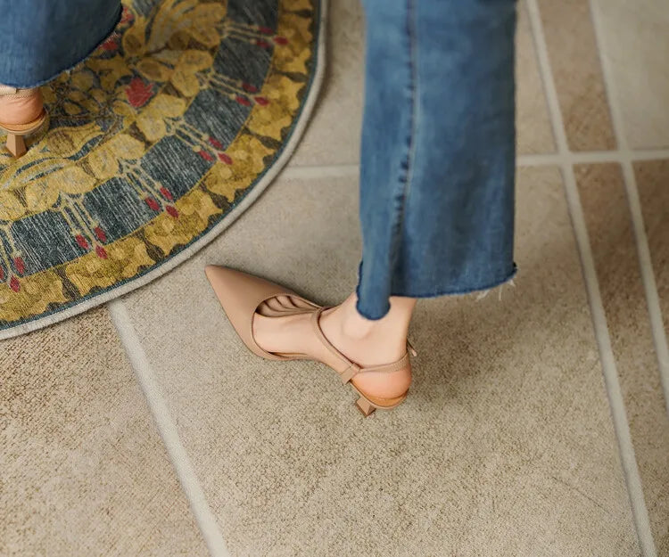Summer Women Shoes Pointed Toe Thin Heel Women Sandals Genuine Leather Shoes for Women Slingback Elegant High Heels Party Shoes