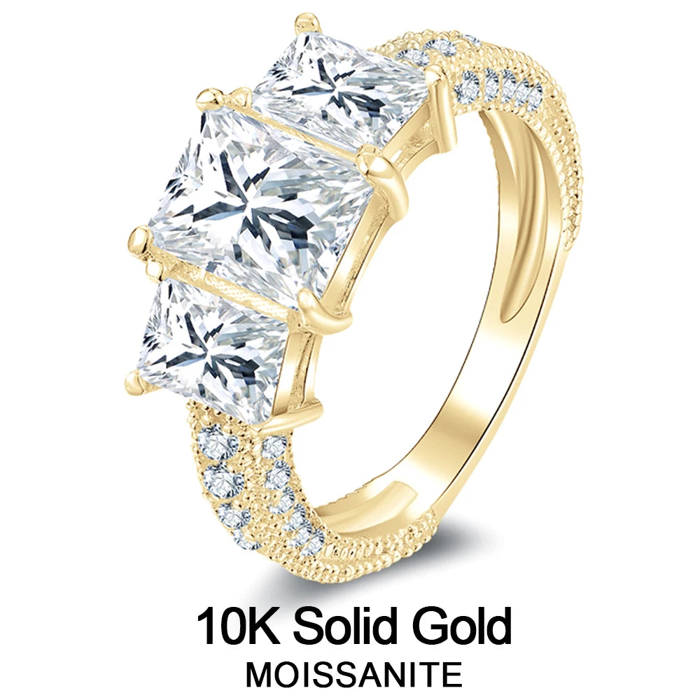 Lnngy Three Stone Moissanite Ring For Women 10K Pure Gold Lab Created Diamond Eternity Engagement Rings Delicate Daily Jewelry