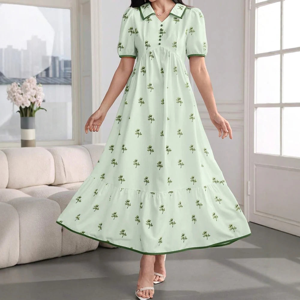 Rafiah Women's Dresses Summer Elegant 2025 Floral Intellectual Short Sleeve Shirt Collar A-Line Midi Vacation Long Dress