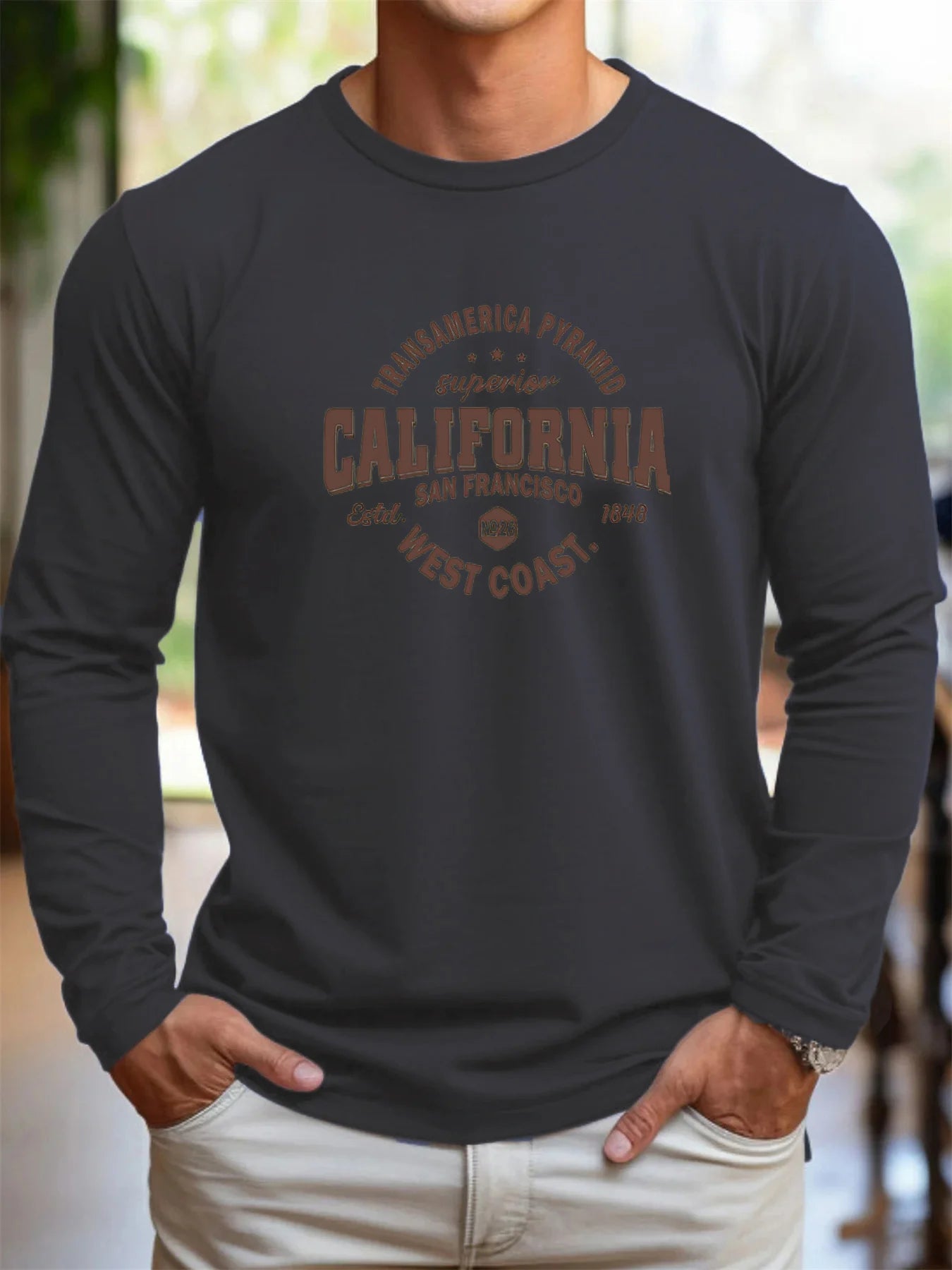 Men's 100% pure cotton loose fit comfortable sports and leisure California West Coast printed round neck long sleeved T-shirt
