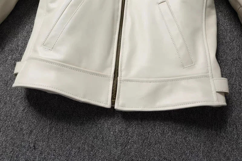 Men's Genuine Leather Jacket White Lapel Calfskin Jacket Natural Cowhide Men's Coat Slim Fit Top Layer Cowhide Biker Jacket