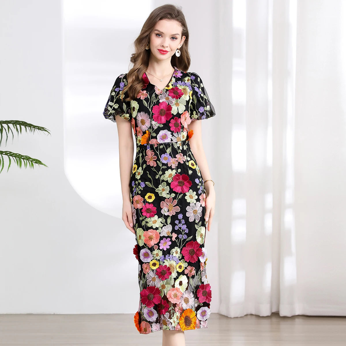 Summer High-end Embroidery Lace Prom Dress Women French Luxury 3D Flower Short Sleeve Long Dress Party Bodycon Holiday Vestido