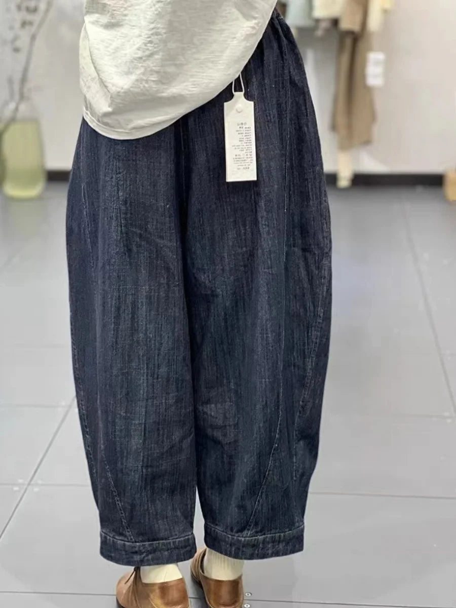 Faionable Retro Artistic Women's Jeans Harlan Pants High Waist Long Trousers All-Match Dstring Elastic Waist Tailored