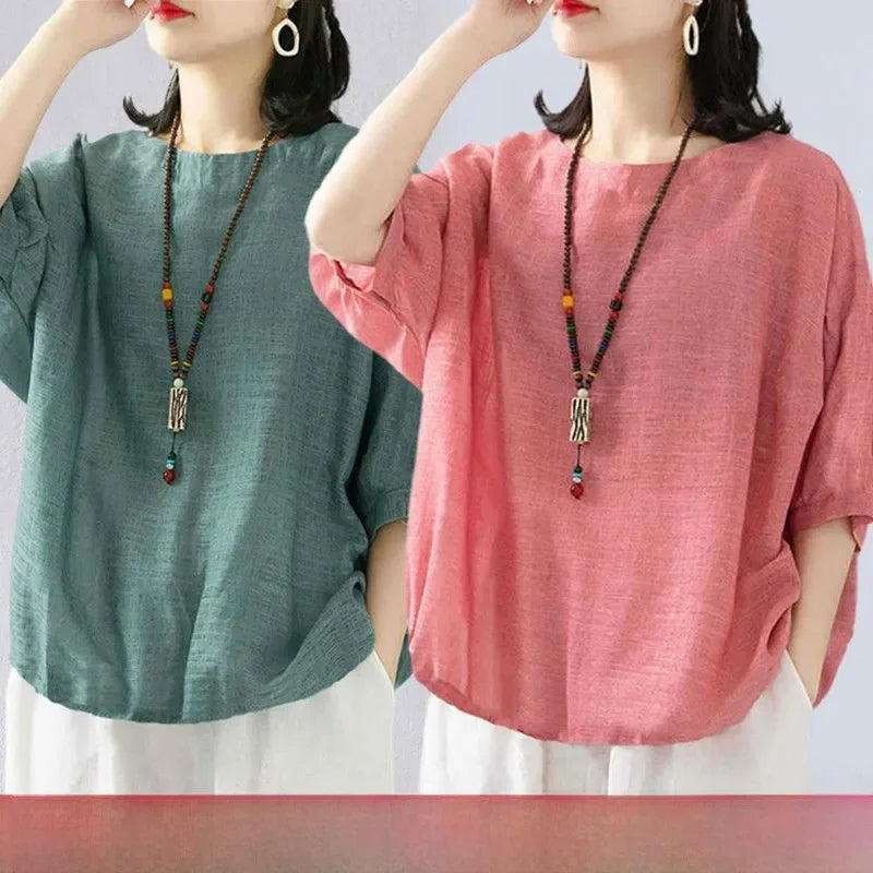 plus Size Women's Cotton T-irt ort Sve Summer New Sle Pure Linen Mid-Age Women's Faionable Commute Ethnic Sle Lo...