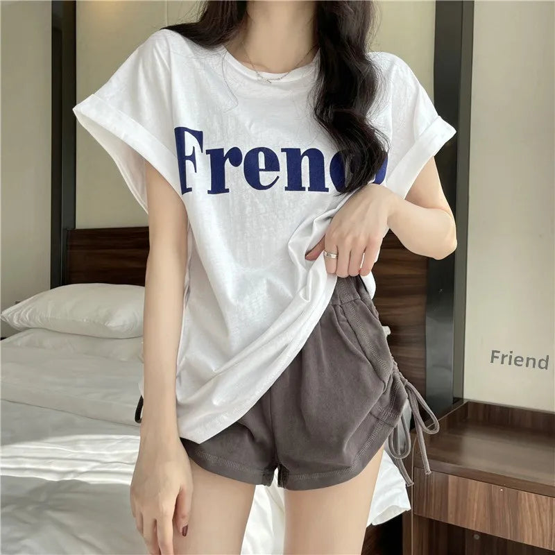 Loose ort Sve T-irt Women's Summer Thin Design Sense Hong Kong Sle Chic Retro Top Trendy round Ne Polyester ...