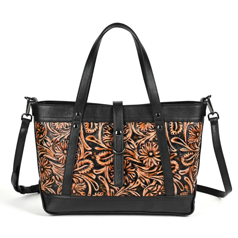 Vintage Embossed Leather Tote Bag for Women, Large Capacity Cowhide Shoulder Bag with Adjustable Strap, Handcrafted Work Purse